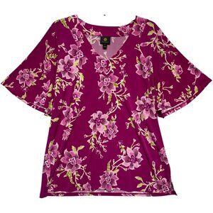 JM Collection Womens XL Pink Floral V-Neck Short Sleeve Top Purple Fizz